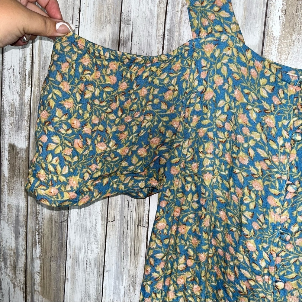Billabong Blue Floral Open Off The Shoulder Button Blouse - Picture 3 of 5
